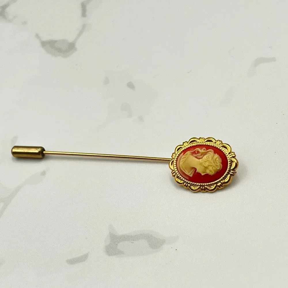 Vintage VTG Cameo Hat Pin Stick Pin Gold Tone White Portrait 2 3/4